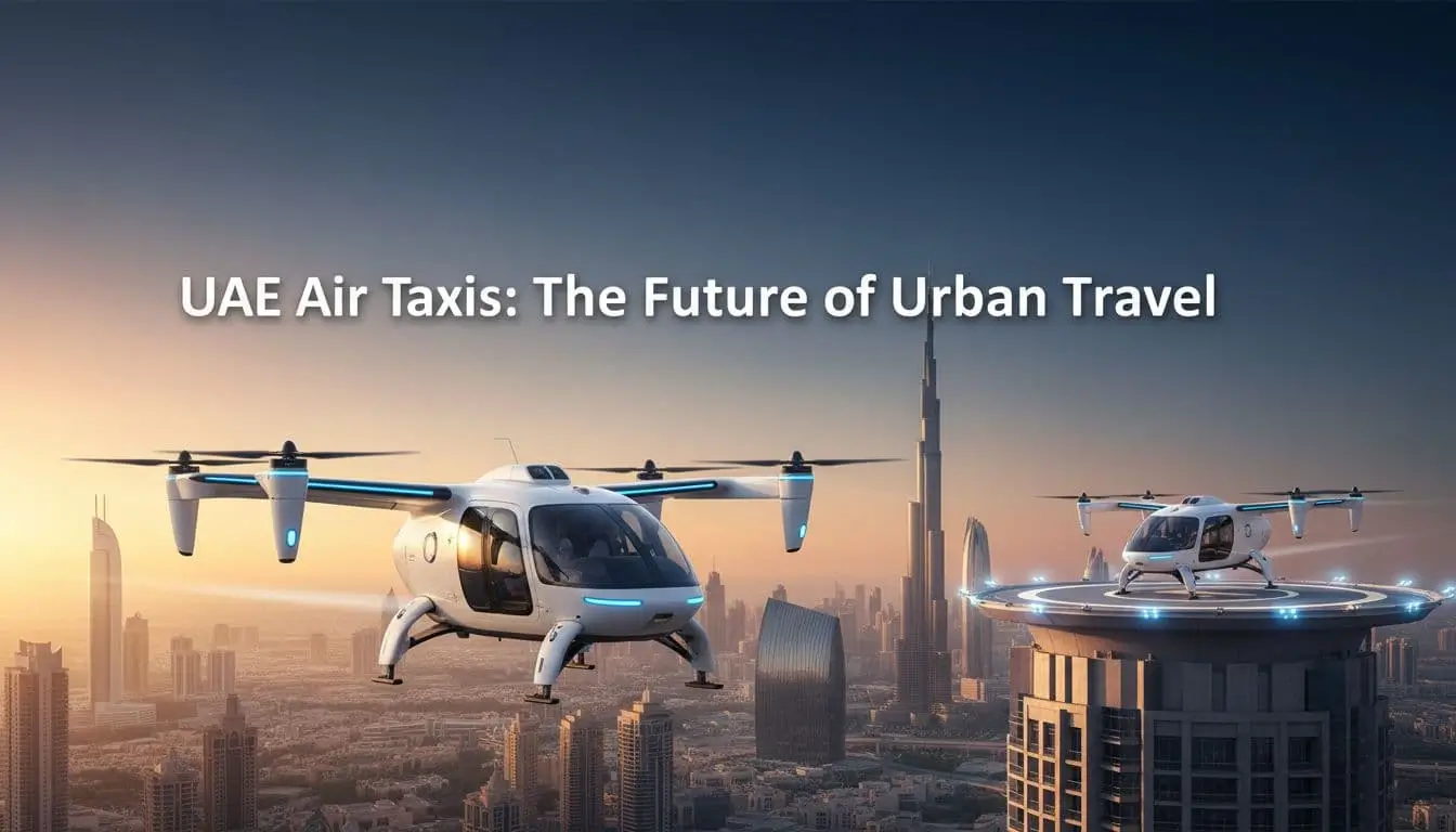 Futuristic electric air taxi flying over the Dubai skyline at sunset with Burj Khalifa and a rooftop vertiport.