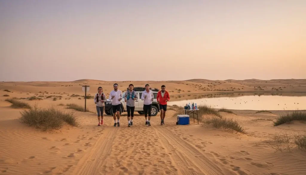 Team of diverse runners on a desert trail at Al Marmoom with a support 4x4 nearby, golden-hour light, Hood to Coast Dubai 2026