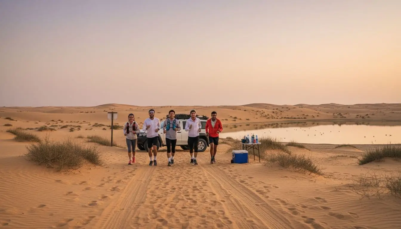 Team of diverse runners on a desert trail at Al Marmoom with a support 4x4 nearby, golden-hour light, Hood to Coast Dubai 2026