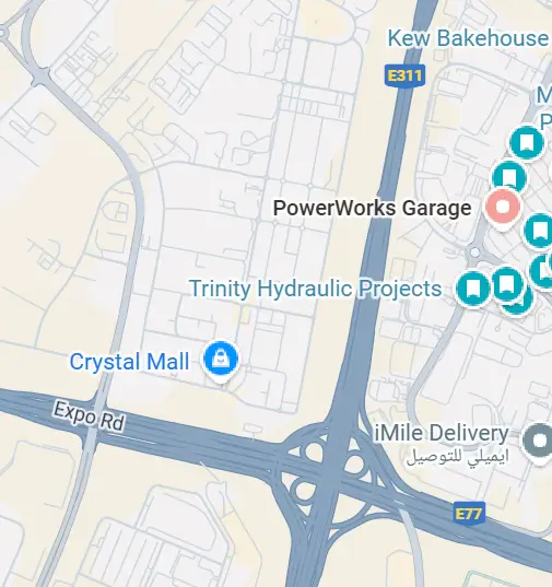 Map showing the location of PowerWorks Garage car service workshop in Dubai Investment Park, near E311, Expo Road and Crystal Mall