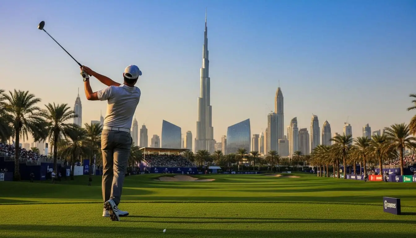 Professional golfer hitting a tee shot on a Dubai golf course with palm trees, grandstands and the city skyline in the background.