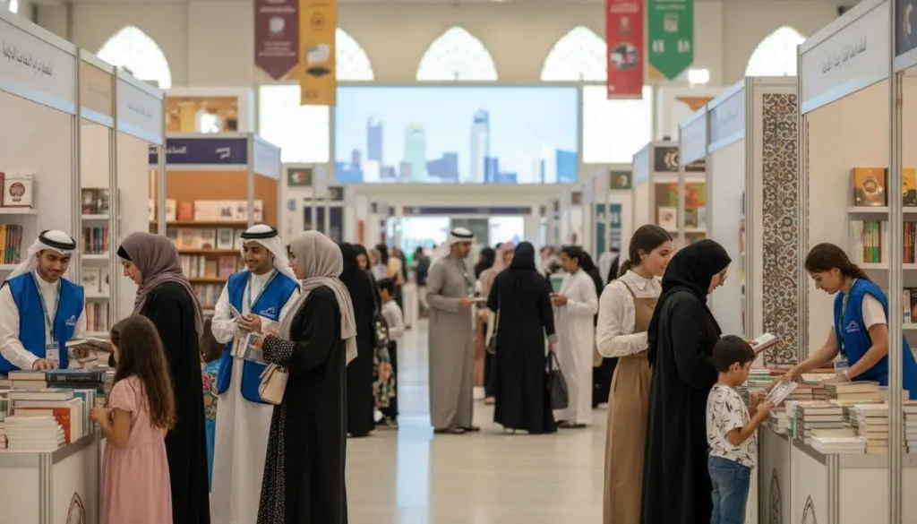 Sharjah International Book Fair with families and volunteers browsing books in a bright exhibition hall