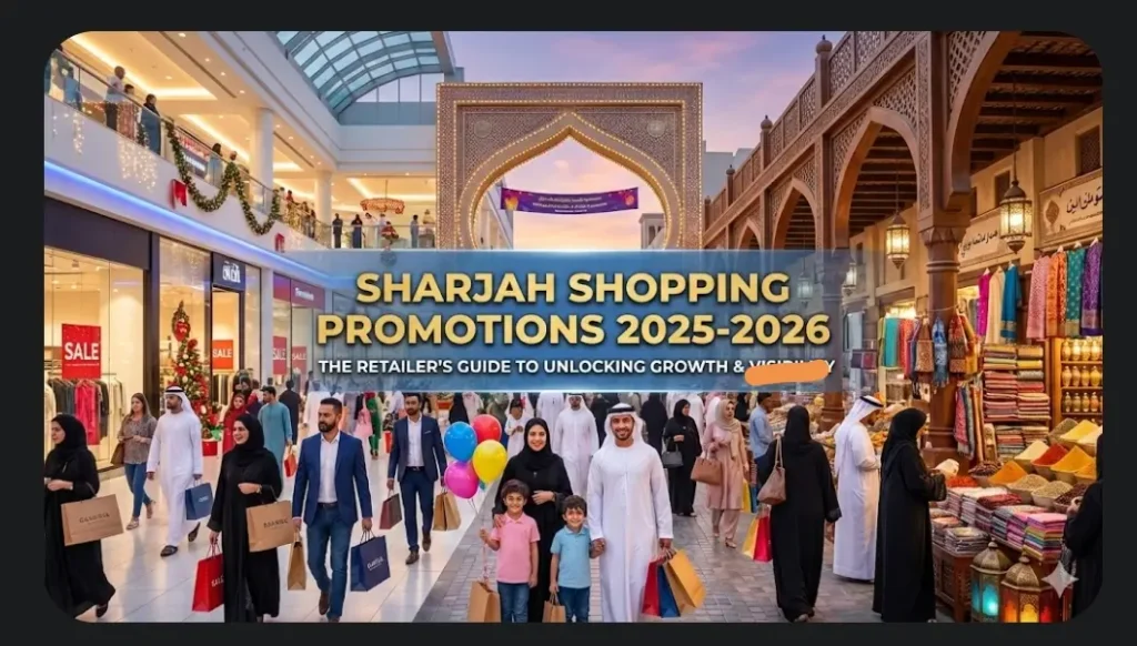 Busy Sharjah mall and traditional souq with families shopping during Sharjah Shopping Promotions 2025–2026.