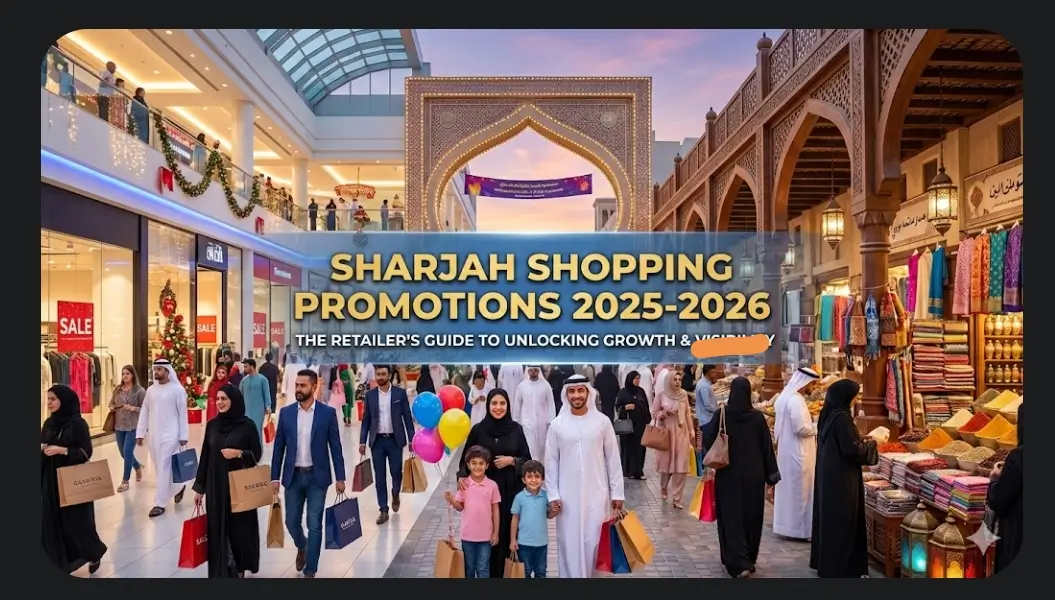 Busy Sharjah mall and traditional souq with families shopping during Sharjah Shopping Promotions 2025–2026.