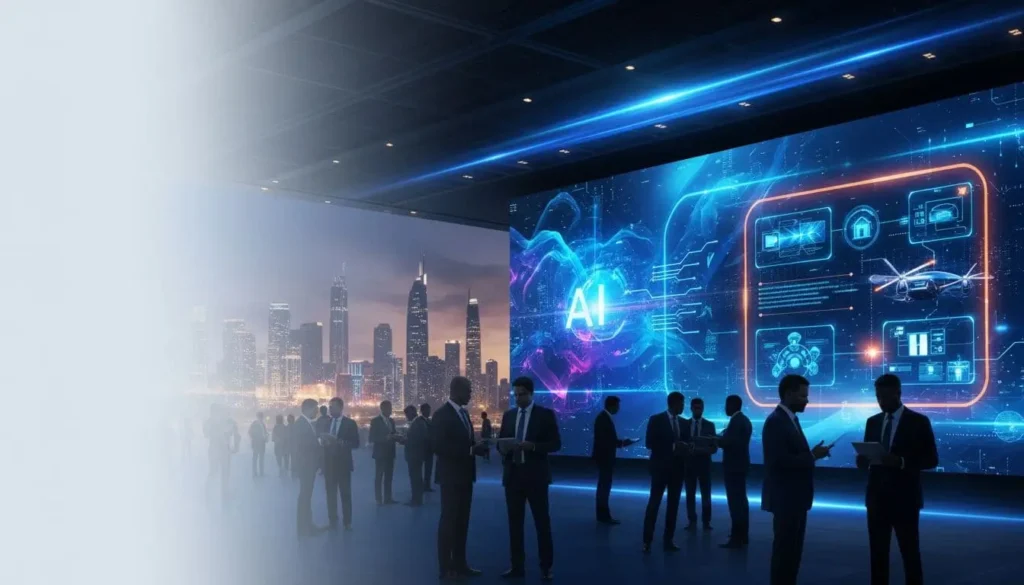 Business professionals networking at an AI innovation summit in Dubai at dusk, with large digital screens showing data visuals and the city skyline in the background.