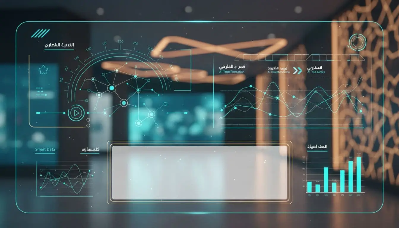 Translucent data dashboard with charts and network nodes over an abstract innovation hub background, themed for UAE AI transformation.