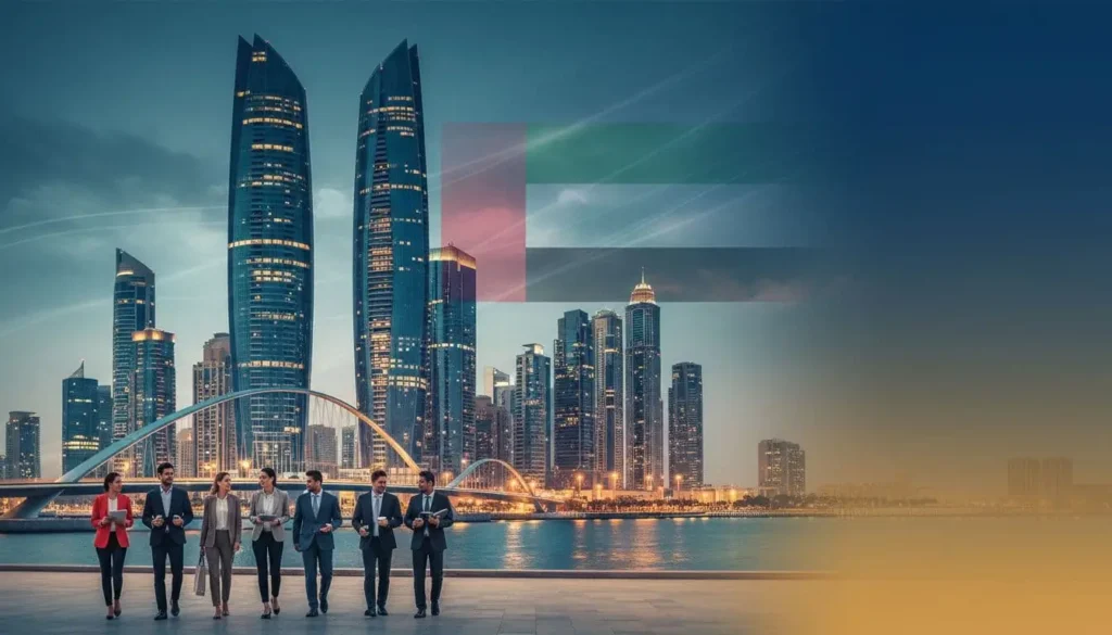 Evening skyline of Abu Dhabi and Dubai with modern towers and a diverse group of professionals in business attire, symbolising UAE business and investment activity.