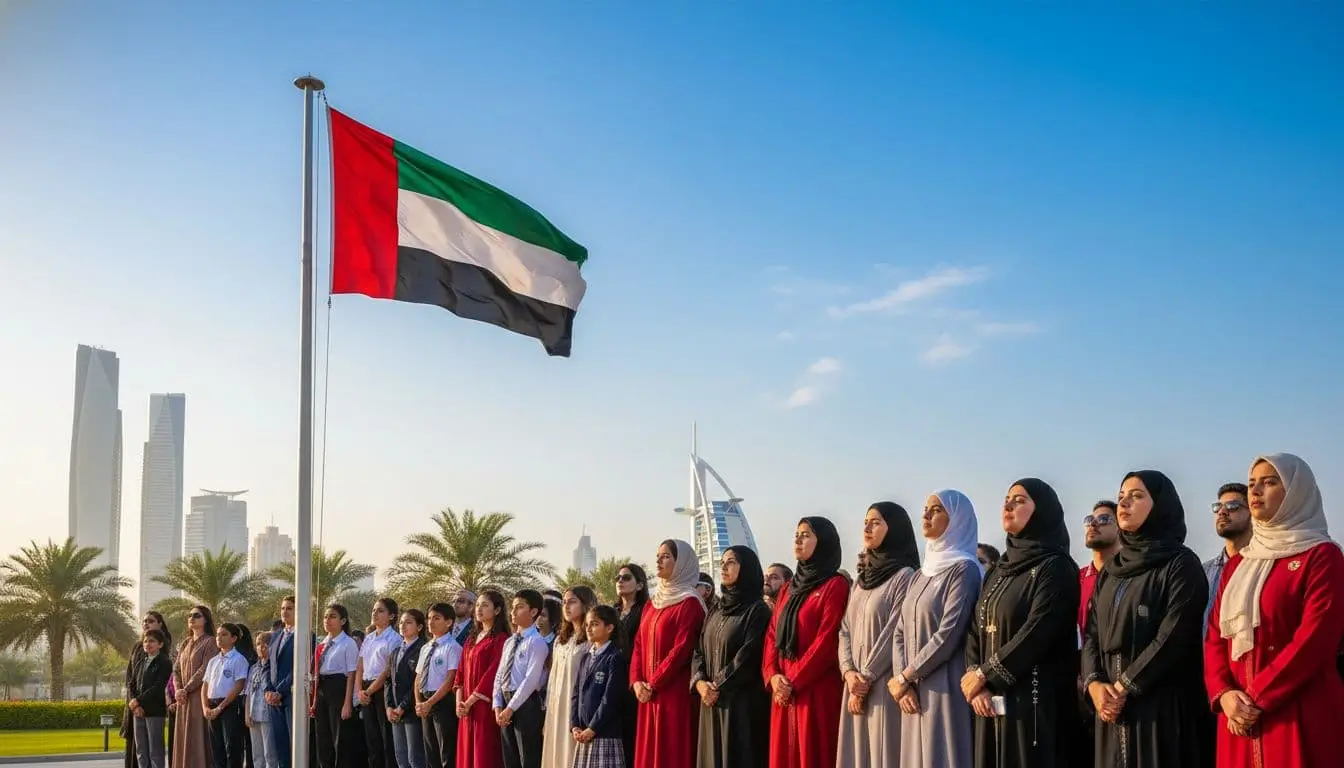 Diverse residents and students raising the UAE flag at 11 am, with Dubai and Abu Dhabi skylines in the background.