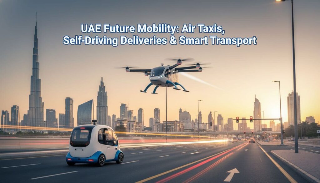 A futuristic UAE city street with a self-driving delivery vehicle on the road and an air taxi flying above the skyline at sunset.