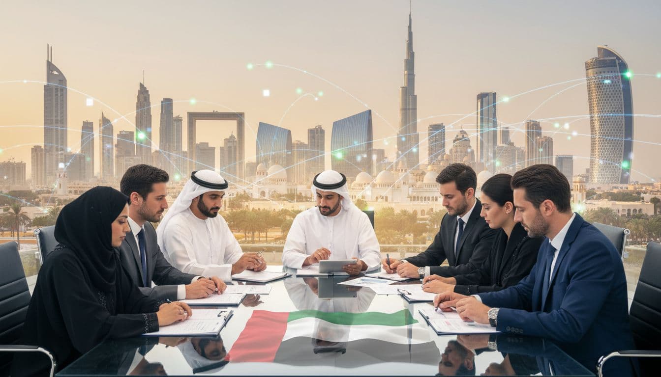 Diverse business professionals in formal and traditional Emirati dress meeting at a glass table with Dubai and Abu Dhabi skylines lit for UAE National Day in the background.
