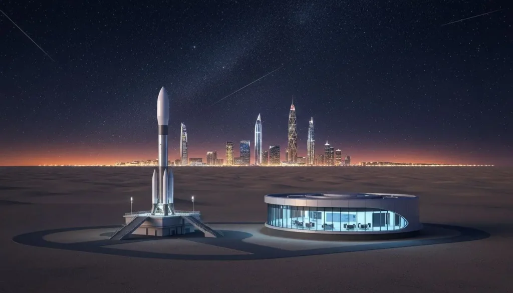 Night view of a futuristic desert spaceport in the UAE with a rocket on the launchpad and a modern city skyline in the background.