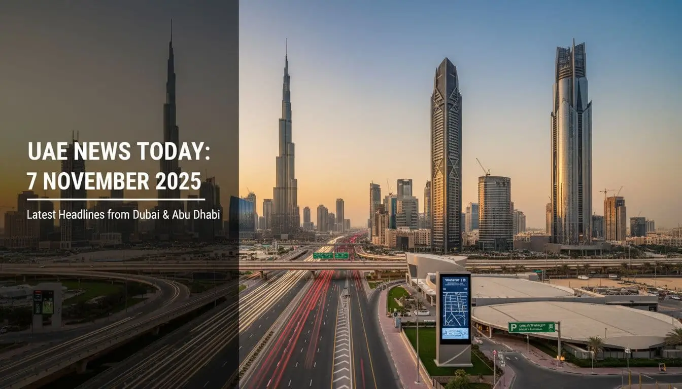 Dubai and Abu Dhabi skylines at golden hour with Burj Khalifa, highway light trails, and smart city signage, framed for a blog header