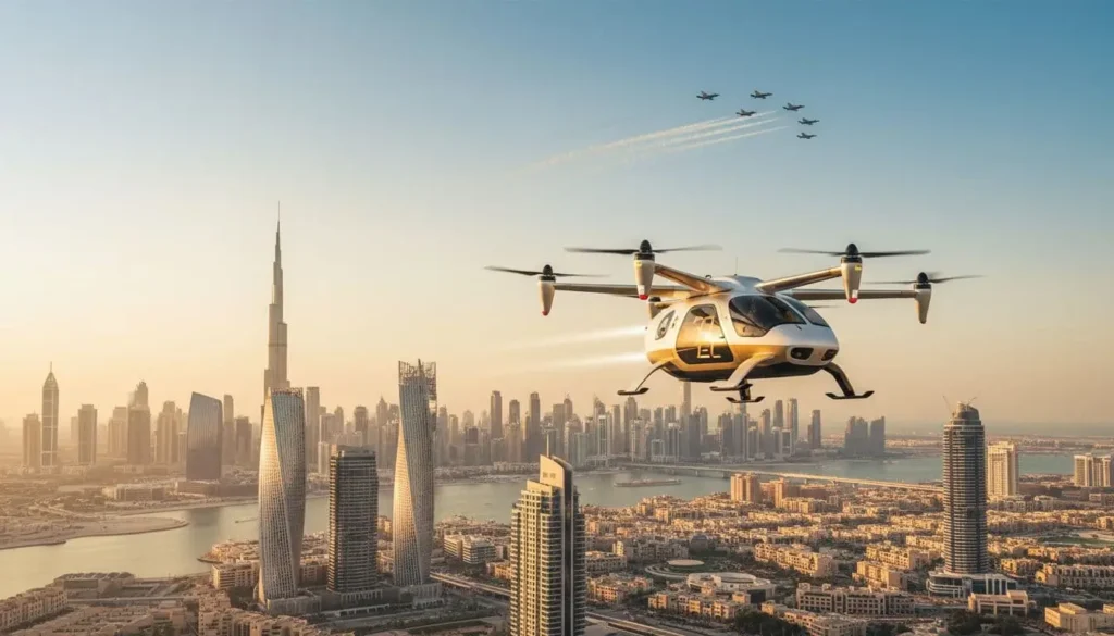 UAE aerial taxi flying over Dubai Marina skyline at sunset for UAE news article.
