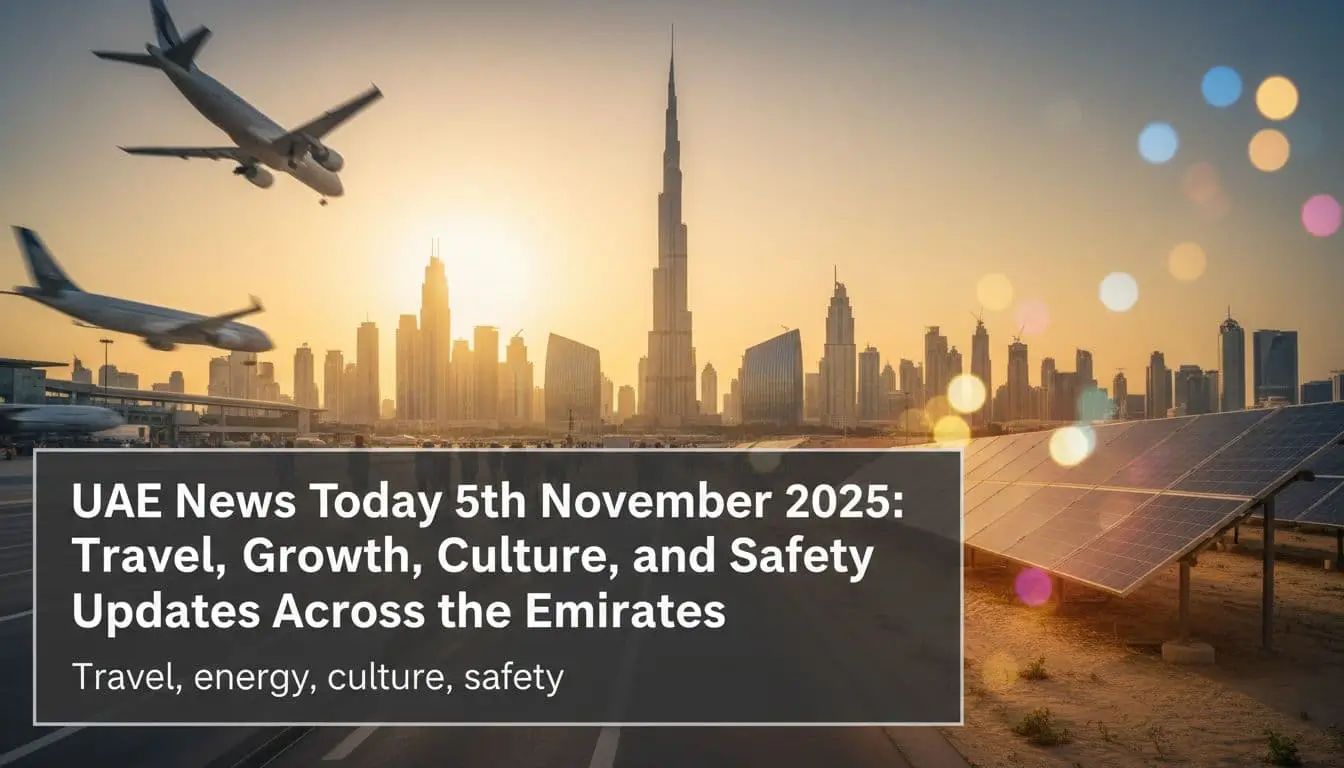 Clean, professional header with Dubai skyline and DXB arrivals for the 5 November 2025 news post.