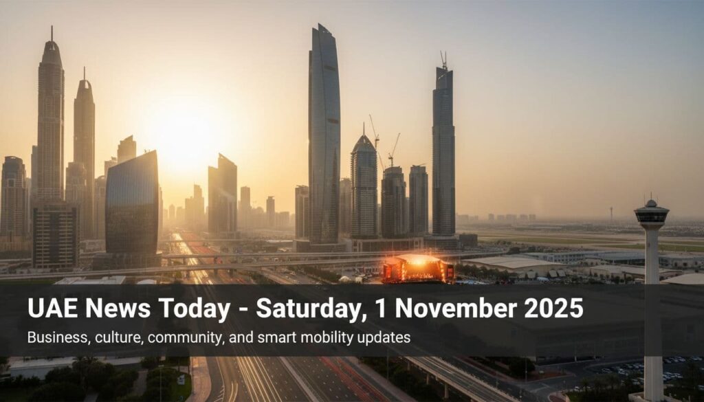 Dubai and Abu Dhabi skylines at sunrise with light trails and an airport silhouette, headline panel for UAE news roundup.