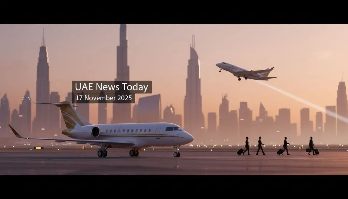 Dubai Airshow scene at sunset with a modern passenger jet on the tarmac, another plane taking off, and the Dubai skyline in the background with the text UAE News Today 17 November 2025.