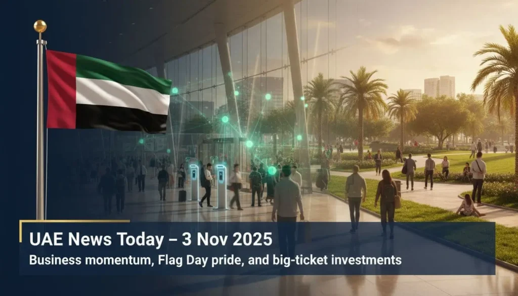 UAE flag waving with modern airport interior, subtle AI network graphics, and a green urban space, designed as a clean 16:9 blog header.