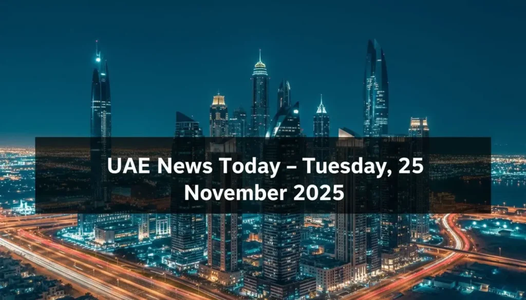 Aerial night view of Dubai and Abu Dhabi skylines with illuminated skyscrapers and highway light trails.