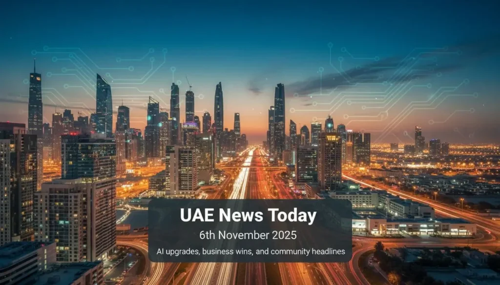 Panoramic dusk view of Dubai and Abu Dhabi skylines with city lights, traffic trails, and a subtle AI data pattern