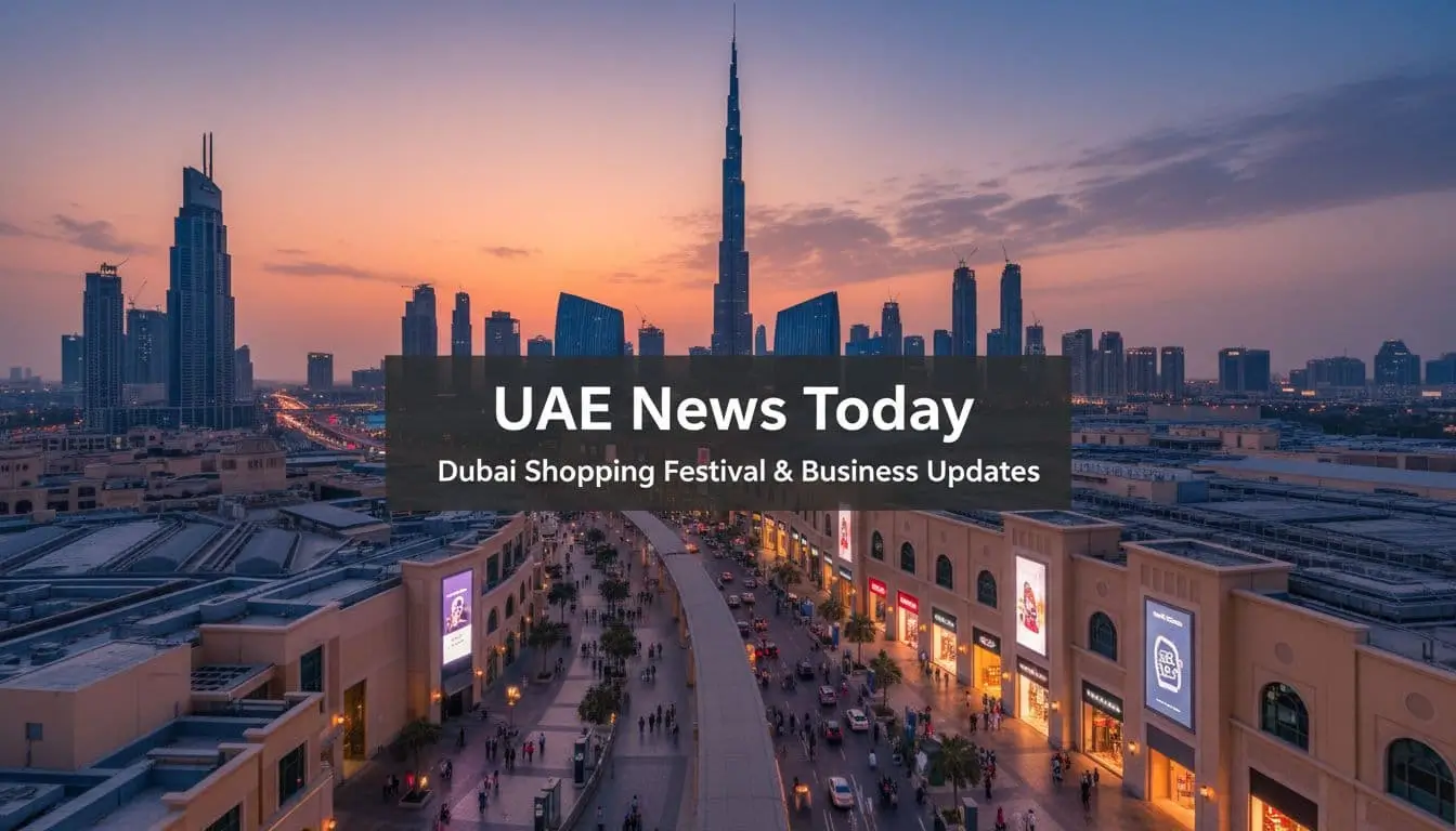 A dusk view of Downtown Dubai with Burj Khalifa and city lights glowing above busy shopping areas.