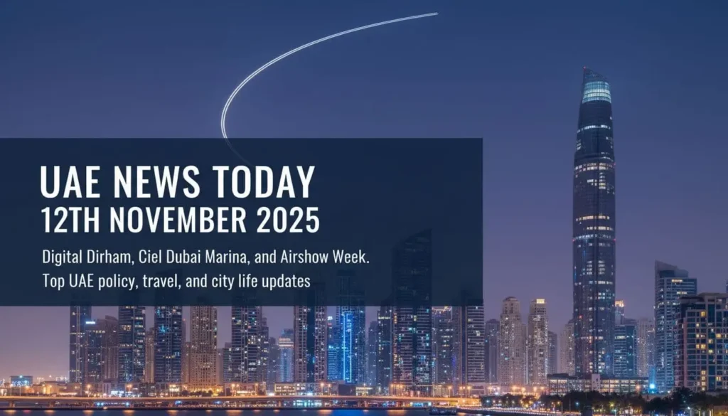 Dubai Marina skyline at dusk with a tall hotel silhouette, aircraft light trail, and dark overlay bar for headline text.