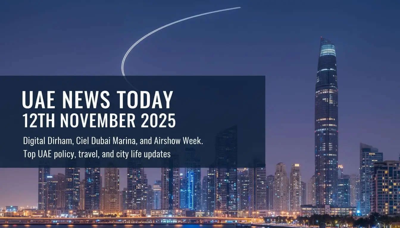 Dubai Marina skyline at dusk with a tall hotel silhouette, aircraft light trail, and dark overlay bar for headline text.