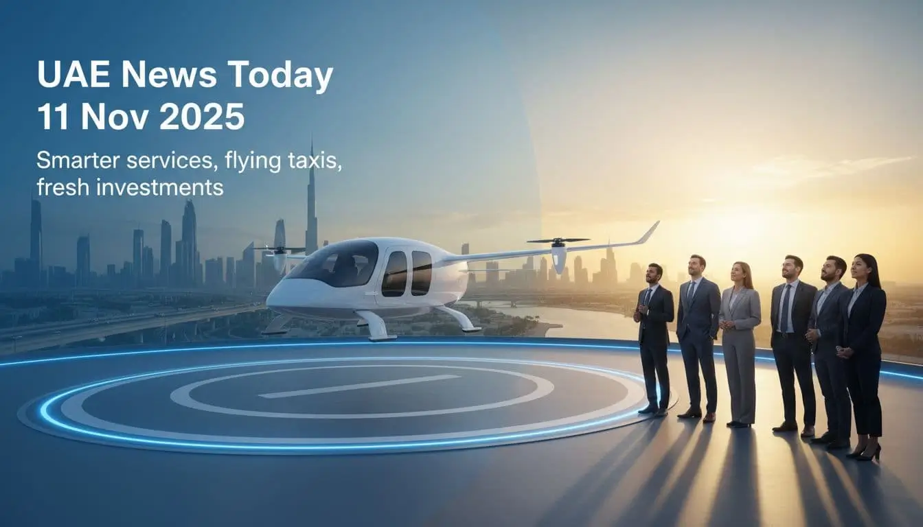 An eVTOL flying taxi lifts off from a modern vertiport with Abu Dhabi and Dubai skylines at golden hour.