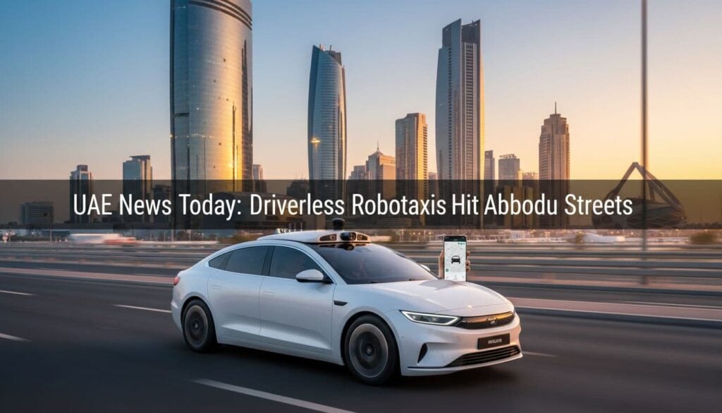 White autonomous taxi driving on a modern Abu Dhabi road near Yas Island at sunset, with a smartphone showing a ride-hailing app.