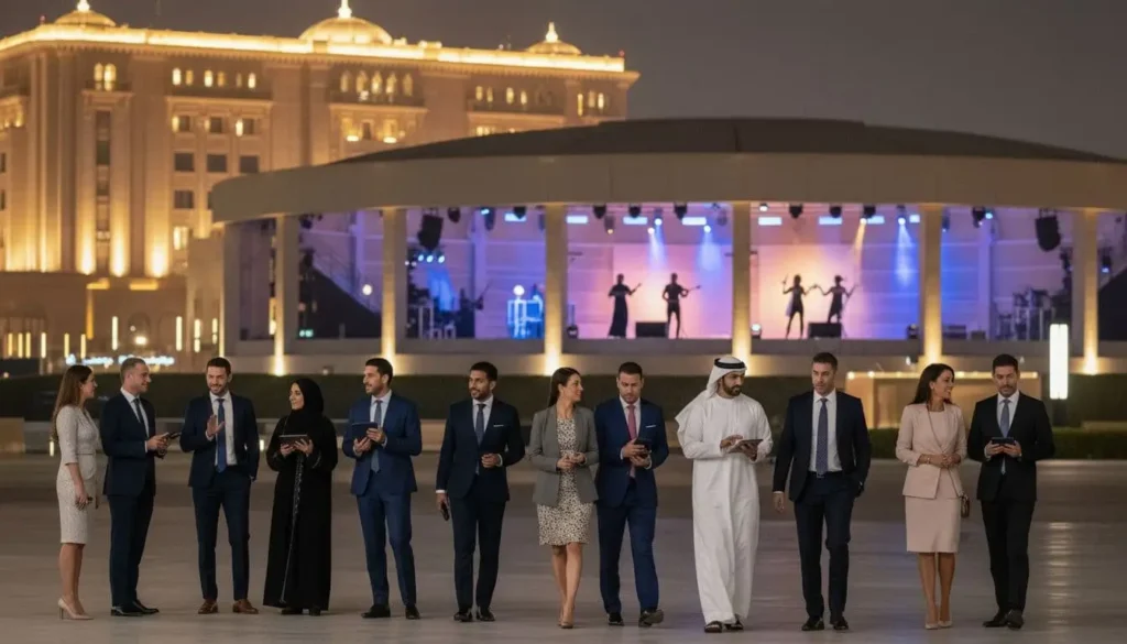 Business professionals outside Abu Dhabi cultural venue during 23rd Abu Dhabi Festival 2026