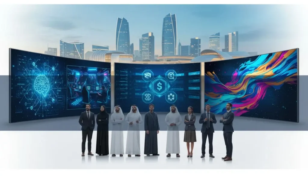 Wide header image showing diverse professionals in Abu Dhabi looking at curved digital screens with AI, gaming, Web3, and digital art visuals.