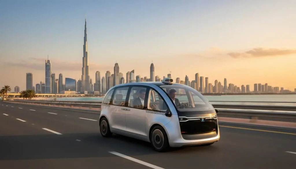 Autonomous driverless taxi driving along a Dubai coastal road at sunset with the city skyline and Burj Khalifa in the background.