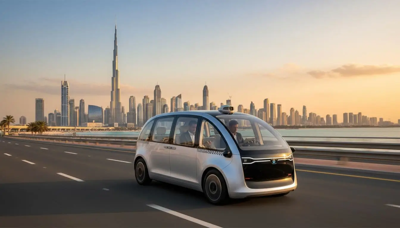 Autonomous driverless taxi driving along a Dubai coastal road at sunset with the city skyline and Burj Khalifa in the background.