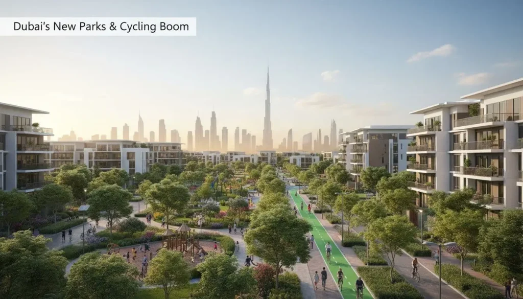 A wide aerial view of a modern Dubai neighbourhood with green community parks, cycling paths, and the city skyline in the background at sunrise.