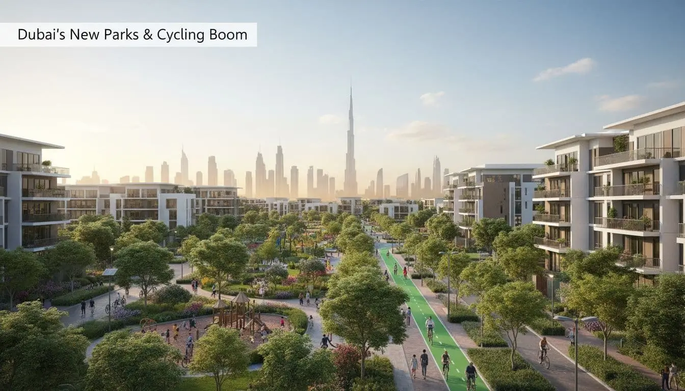 A wide aerial view of a modern Dubai neighbourhood with green community parks, cycling paths, and the city skyline in the background at sunrise.