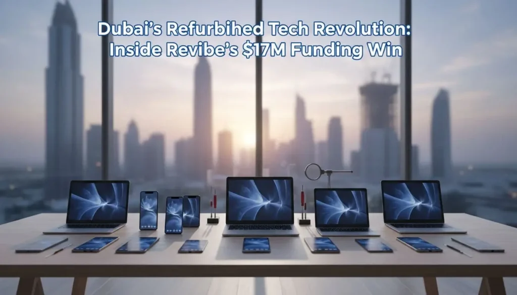 Modern workspace with refurbished smartphones and laptops on a desk overlooking the Dubai skyline, illustrating Revibe’s tech funding growth.