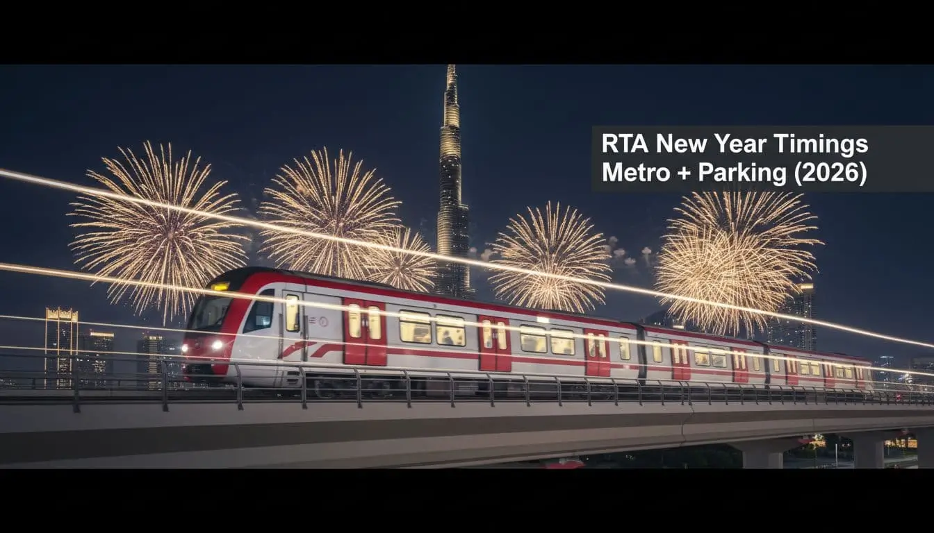 Dubai Metro near Burj Khalifa fireworks with text “RTA New Year Timings, Metro + Parking (2026)”