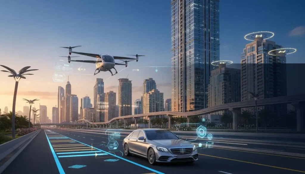 Futuristic UAE highway with an autonomous luxury car and an electric aerial taxi flying above a modern Gulf city skyline at sunset.