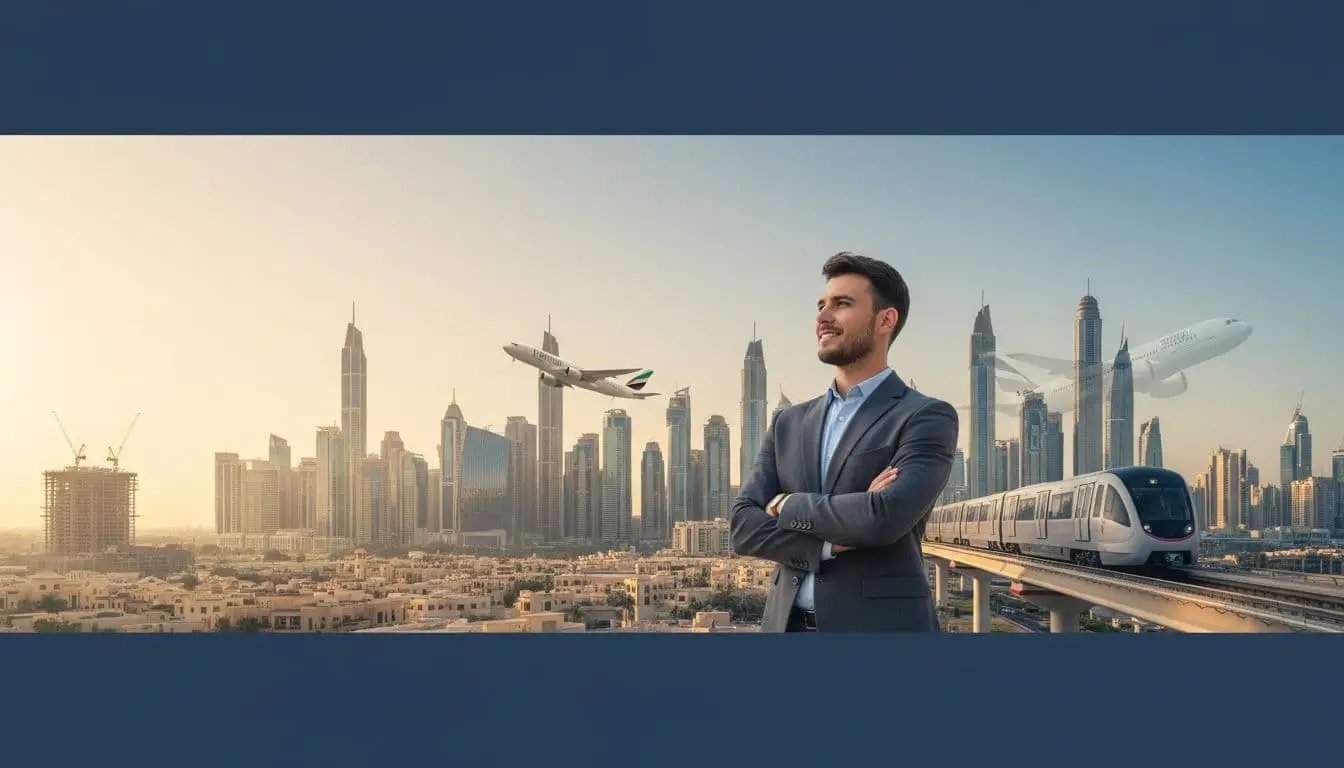A young professional in business attire overlooking the Dubai skyline at golden hour with an aircraft taking off and the Dubai Metro in the background.