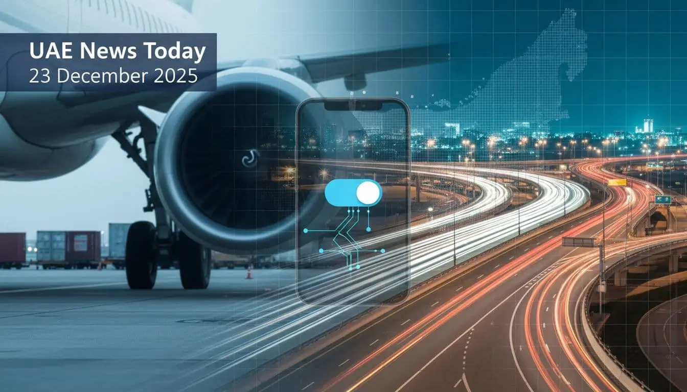 Featured blog header showing an airport runway and cargo scene blended with a modern road bridge interchange and a smartphone-style finance interface, representing UAE business news updates.