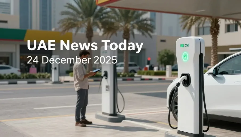 Fast DC EV charger at a Sharjah fuel station charging an electric car as a business operator checks an app, with "UAE News Today 24 December 2025” text overlay.