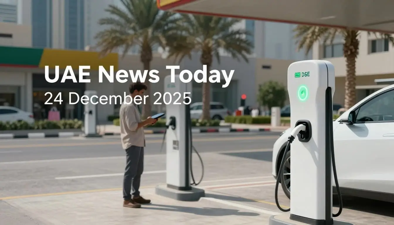Fast DC EV charger at a Sharjah fuel station charging an electric car as a business operator checks an app, with "UAE News Today 24 December 2025” text overlay.