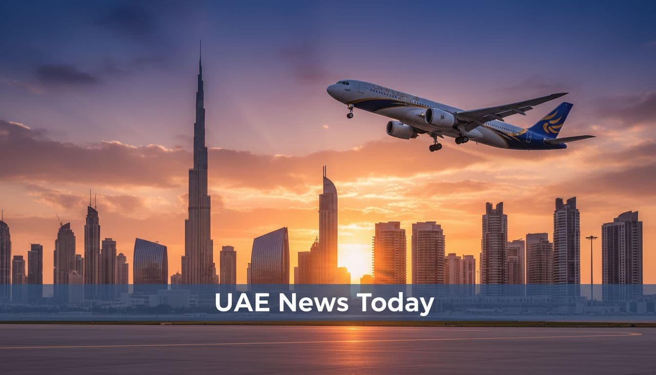 A wide view of Dubai and Abu Dhabi skylines at golden hour with a passenger jet taking off, representing UAE aviation, real estate and business growth.