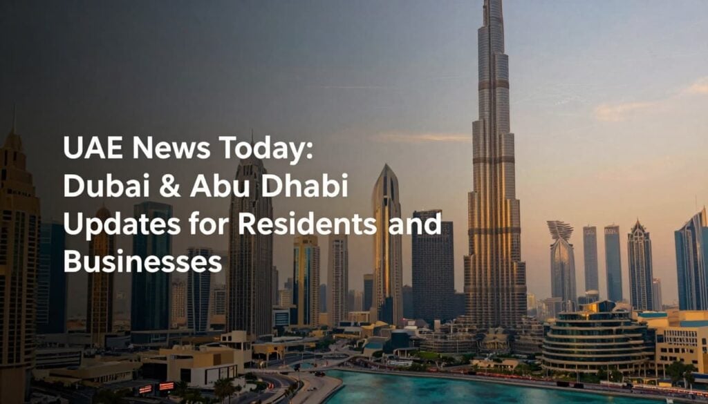 Dubai skyline with Burj Khalifa at sunset featuring text about UAE news updates for residents and businesses.
