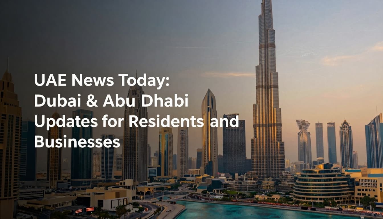 Dubai skyline with Burj Khalifa at sunset featuring text about UAE news updates for residents and businesses.