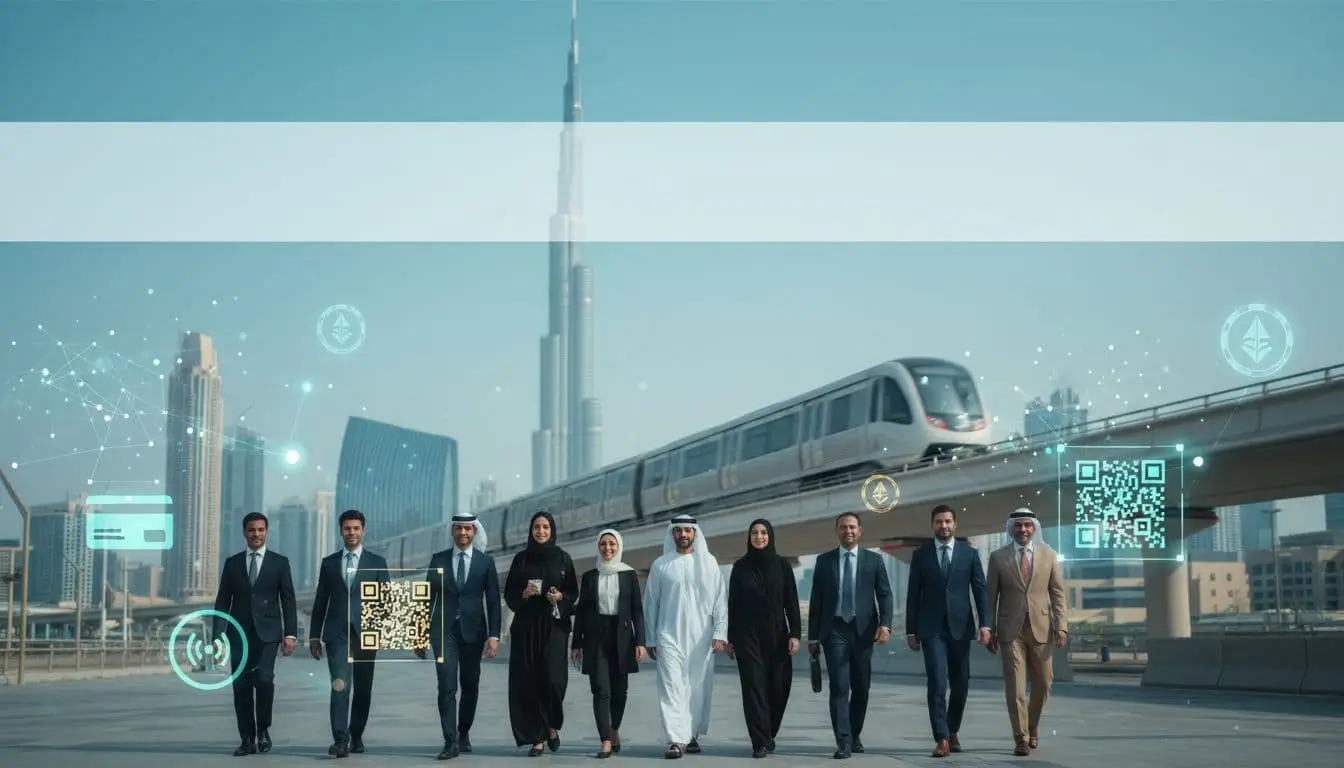 Diverse UAE professionals walking in a modern Dubai district with digital payment icons overlaid, a metro train in motion, and the city skyline including Burj Khalifa in the background.