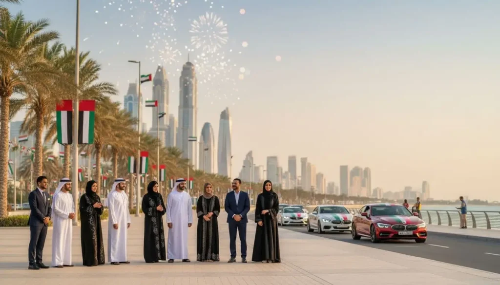 UAE professionals on a Jumeirah beachfront promenade watching a National Day car parade with Dubai skyline in the background.