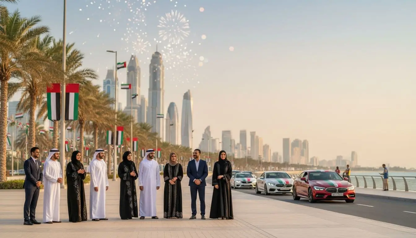 UAE professionals on a Jumeirah beachfront promenade watching a National Day car parade with Dubai skyline in the background.