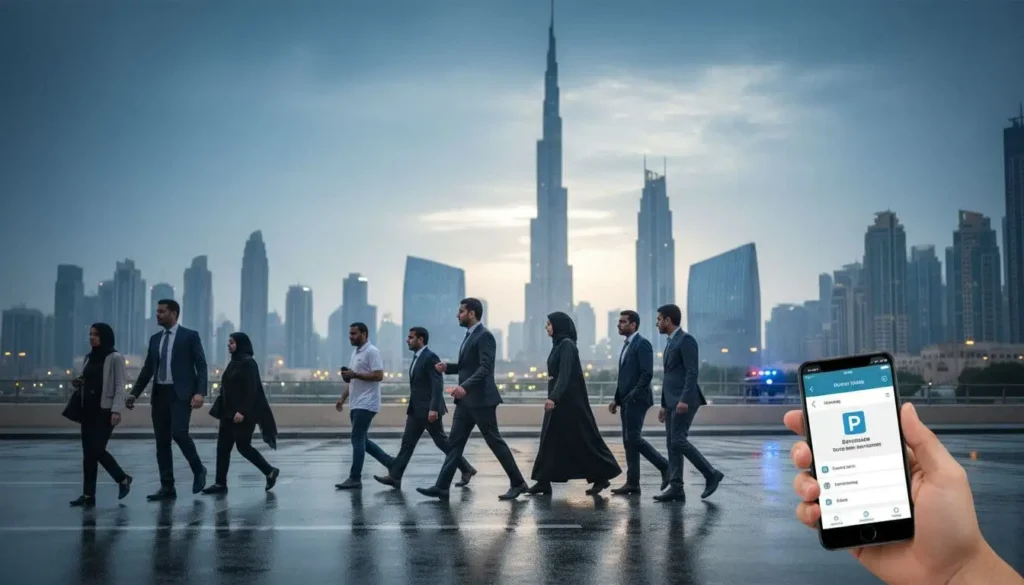 Commuters crossing a wet Dubai street after rain, with a hand holding a smartphone parking app and the city skyline in the background.