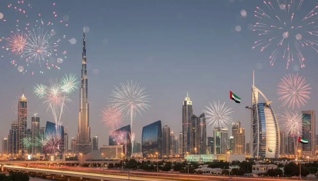 Modern Dubai and Abu Dhabi skylines at dusk with UAE National Day fireworks in the sky.