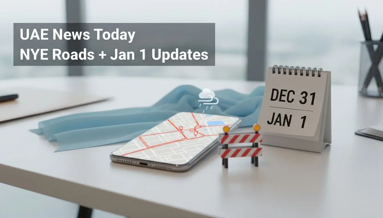 Flat-lay desk scene with a smartphone map, a calendar turning to January 1, a road barrier, and a subtle weather cue for UAE news updates.